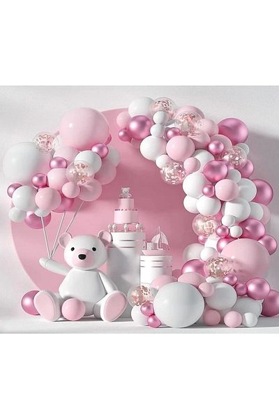 parti uzmanı 65 Pieces Luxury Macaron Pink, Chrome Pink, White Balloon Chain Birthday Balloon Set