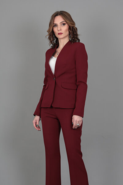 ÖNDER ÖZSOY Collarless Single Button Jacket & Flared Trousers Set-Burgundy