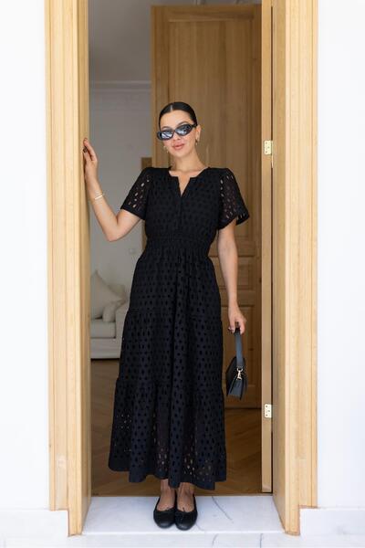 Askı Nişantaşı V-neck Black Laced Dress - Elastic Waist