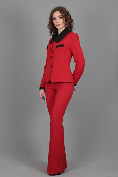 ÖNDER ÖZSOY Garnili Ceket & İspanyol Paça Pantolon Takım-Kırmızı