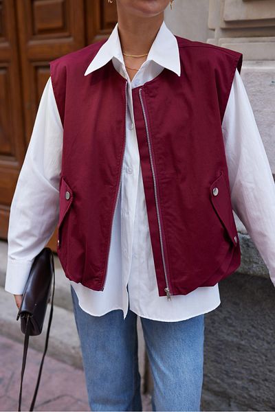 Askı Nişantaşı Burgundy Zippered Snap Pocket Vest