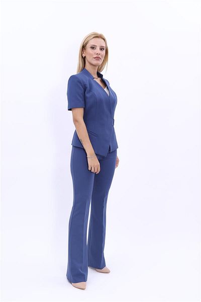 ÖNDER ÖZSOY Buckle Short Sleeve Jacket & Spanish Leg Trousers Set-Indigo
