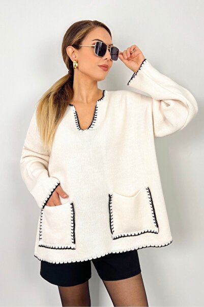 Ritnice Women's Rio Wide Cut Ecru Edges Embroidered V-Neck Knitwear Sweater