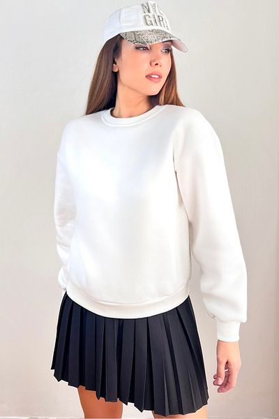 Ritnice Women's Cozy Fleece Inside Ecru Basic Crew Neck Cotton Thick Knitted Sweatshirt