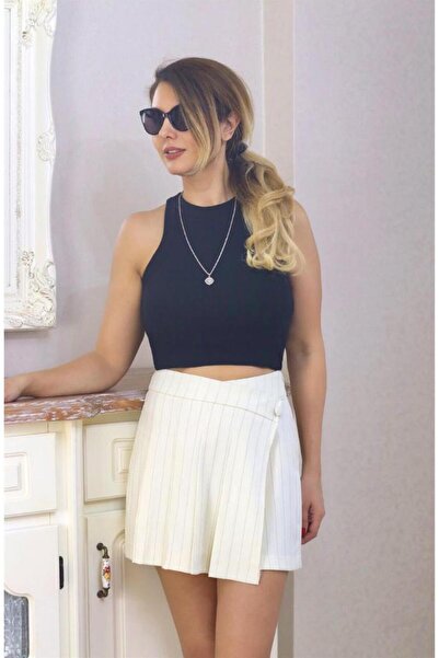 Ritnice Kadın Krem Lacivert Çizgili Şort Etek