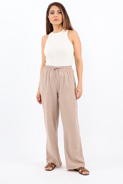 Ritnice Pantaloni de damă din in, confortabili, bej, cu croială dreaptă, cu talie elastică