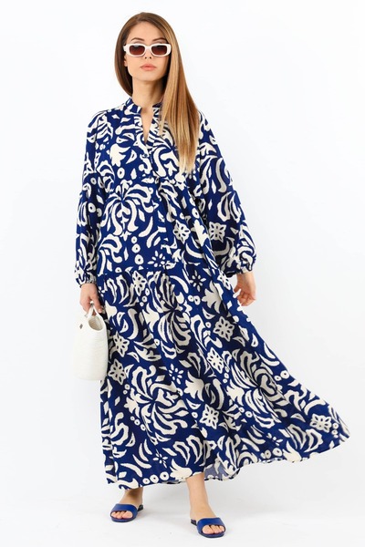 Ritnice Καλοκαιρινό μακρύ φόρεμα Prive γυναικείο επιδεικτικό μπλε ναυτικό μάξι κρεμ με κουμπιά μπροστινές θέσεις