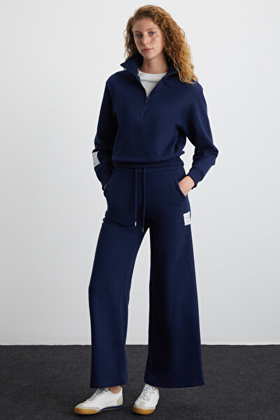 GRIMELANGE Жіночий м'який органічний бавовняний світшот Saılenıs на блискавці, темно-синій з сардоном всередині