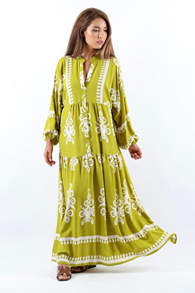 Ritnice Prive Oil Green Maxi Length Viscose Long Dress - Shawl Pattern