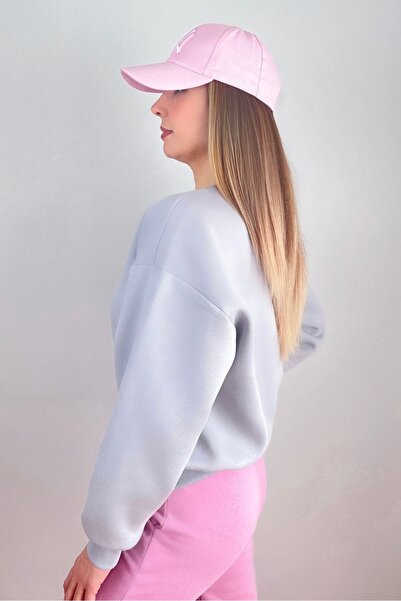 Ritnice Women's Cozy Gray Basic Crew Neck Cotton Thick Knitted Sweatshirt with Fleece Inside