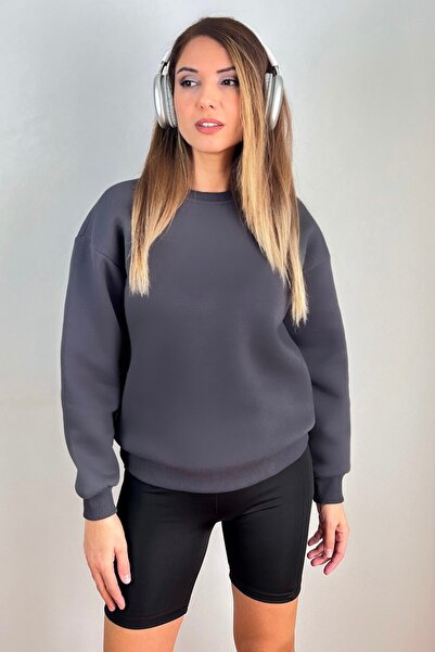 Ritnice Women's Cozy Inside Fleece Smoked Basic Crew Neck Cotton Thick Knitted Sweatshirt