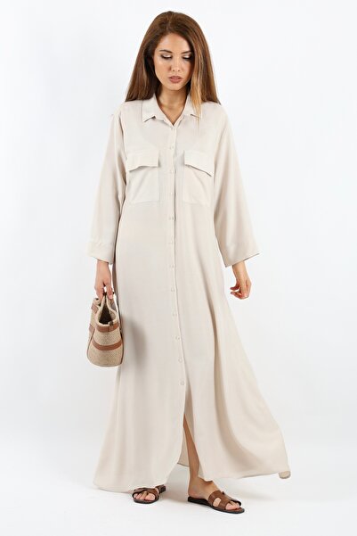 Ritnice Prive Beige Long Summer Dress - 100% Viscose, with Pockets