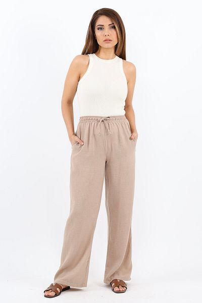 Ritnice Pantaloni de damă din in, confortabili, bej, cu croială dreaptă, cu talie elastică