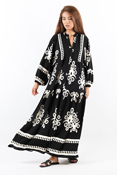 Ritnice Prive Μαύρο Μακρύ Φόρεμα Βισκόζης - Σχέδιο Σάλι, 100% Μέγεθος Maxi