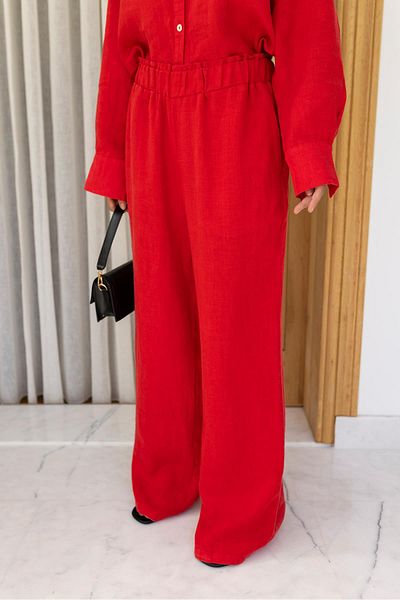 Askı Nişantaşı Red Wide Leg Linen Trousers with Elastic Waist