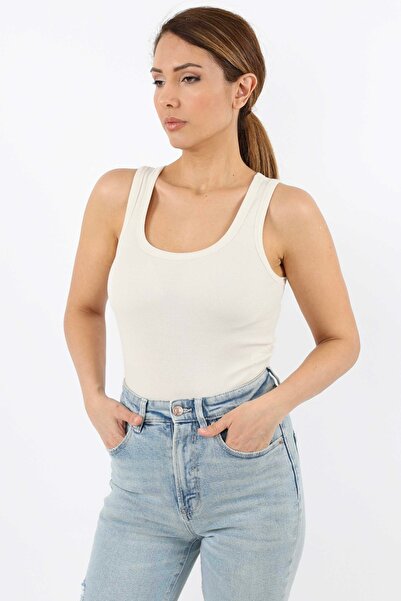 Ritnice Women's Cotton Premium Texture Cream Basic Corded Tank Top