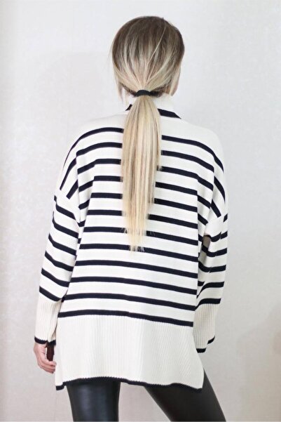 Ritnice Women's Ecru Striped Oversize Knitwear Sweater