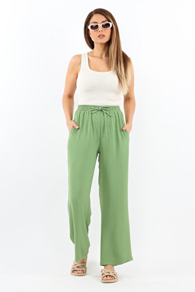 Ritnice Kadın Relaxed Yeşil Bel Lastikli Düz Kesim Cepli Ayrobin Pantolon