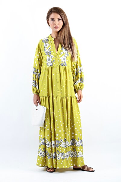 Ritnice Prive Dreamy Oil Green 100% Viscose Maxi Length Μακρύ Γυναικείο Καλοκαιρινό Φόρεμα