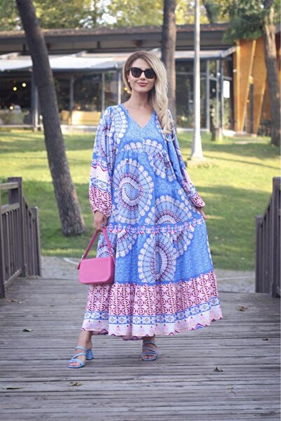 Ritnice Prive Women's Blue Pink Balloon Sleeve Long Dress