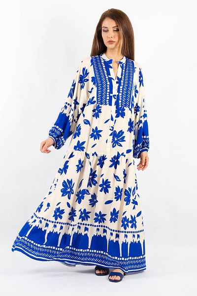 Ritnice Prive Women - 100% Viscose, Blue Cream, Maxi Length μακρύ καλοκαιρινό φόρεμα