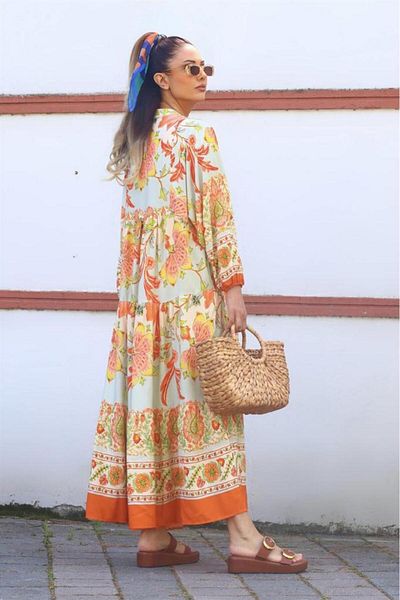 Ritnice Orange Floral Patterned Prive Women's Long Katleya Dress