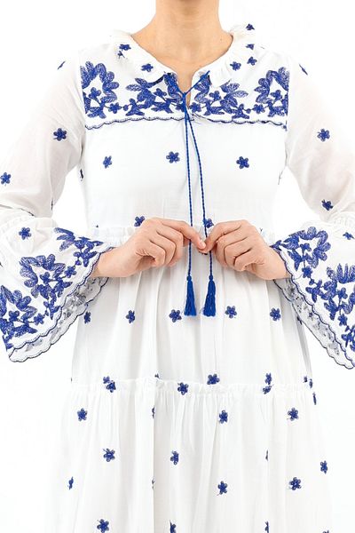 Ritnice Prive Lined Embroidered White Blue Cotton Long Dress