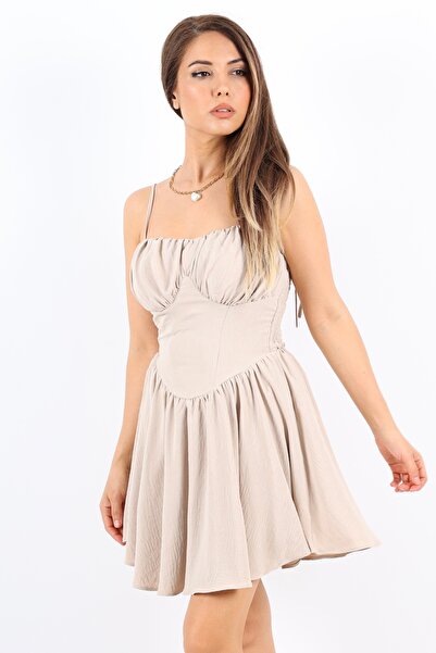 Ritnice Μπεζ κοντό φόρεμα - Κορσέ εμφάνιση, φόδρα και λεπτομέρεια από καουτσούκ στην πλάτη