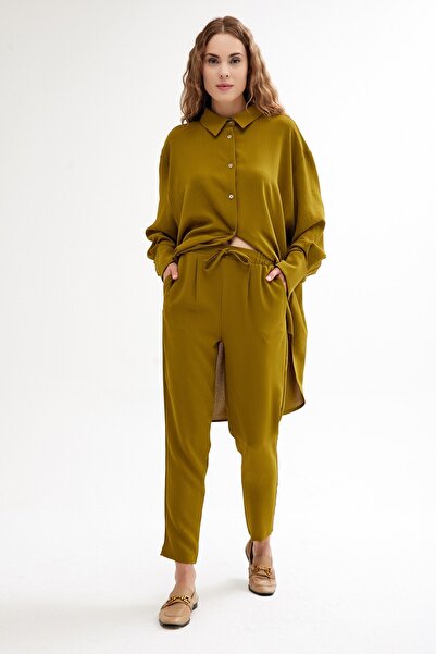 QANU Önü Pileli Krep Pantolon Yağ Yeşili