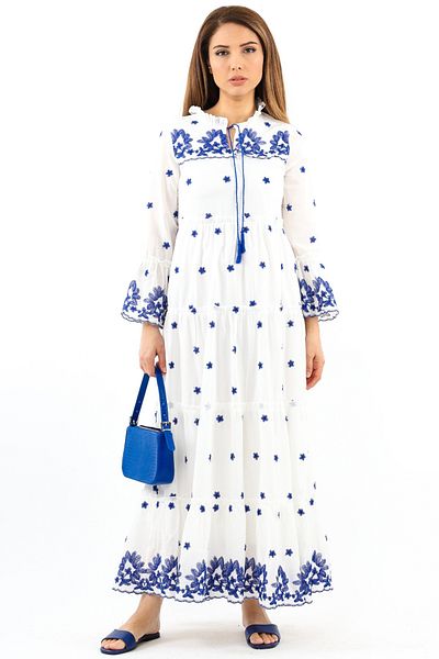Ritnice Prive Lined Embroidered White Blue Cotton Long Dress