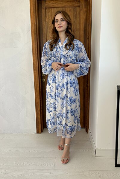 HELİS BUTİK Mavi Çiçekli Kemerli Şifon Elbise