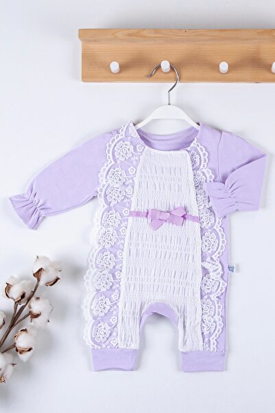 Babydonat Gofralı Fransız Güpürlü % 100 Pamuk Kız Bebek Tulumu