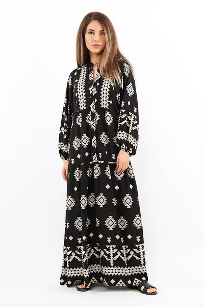 Ritnice Prive Women's - 100% Viscose Black Balloon Sleeve Maxi Summer Dress