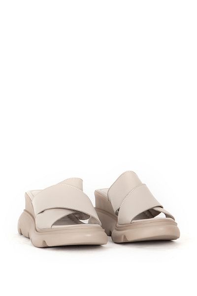 Dericlub Γκρι Wedge Heeled Cross Band Γυναικείες Παντόφλες - Γνήσιο δέρμα Zy 7673