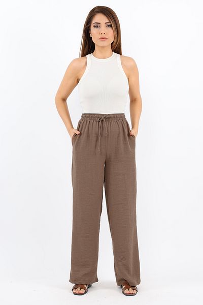 Ritnice Pantaloni de damă din in, confortabili, maro, cu croială dreaptă, cu talie elastică