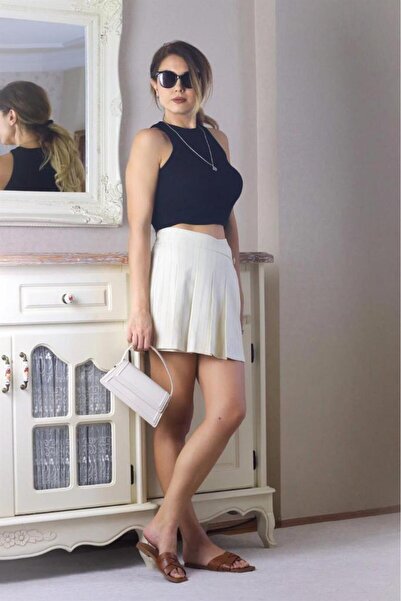 Ritnice Kadın Krem Lacivert Çizgili Şort Etek