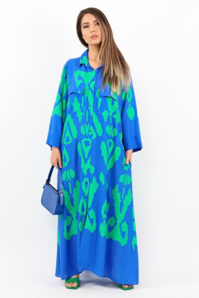 Ritnice Prive γυναικείο Larin 100% βισκόζη μπλε πράσινο πουκάμισο με κουμπιά μπροστά μακρύ καλοκαιρινό φόρεμα