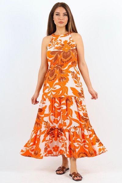 Ritnice Orange Viscose Breeze Dress - Women's, Elastic Waist