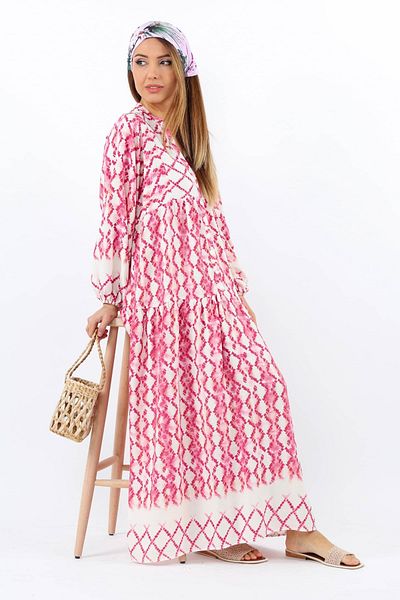 Ritnice Prive Women's Soft Pink 100% Viscose Maxi Length Balloon Sleeve Long Summer Dress