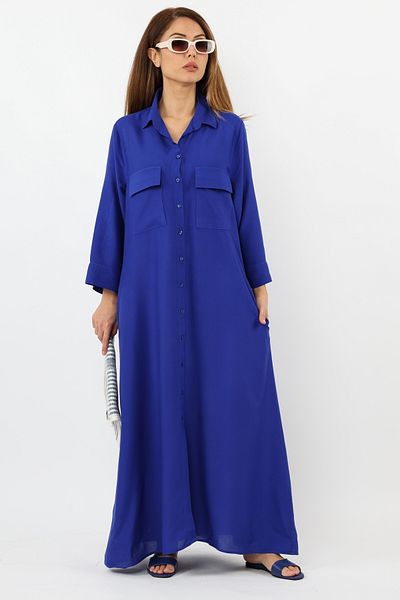 Ritnice Prive Women's Plain Saks Blue 100% Viscose Maxi Length Summer Long Dress with Pockets