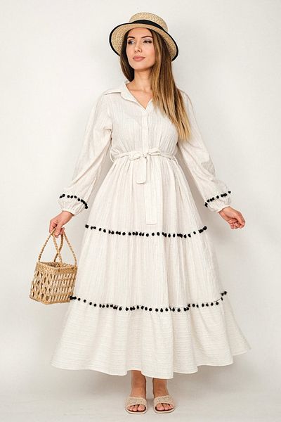 Ritnice Prive Bohema Cream Pompom Belted Maxi Length Viscose Long Dress