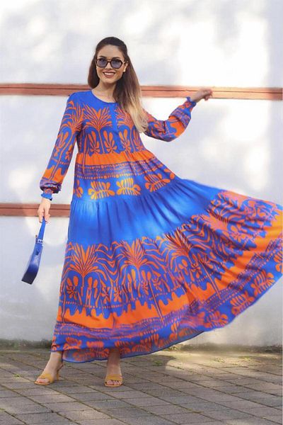 Ritnice Prive Women's 100% Cotton Elastic Blue Orange Long Dress