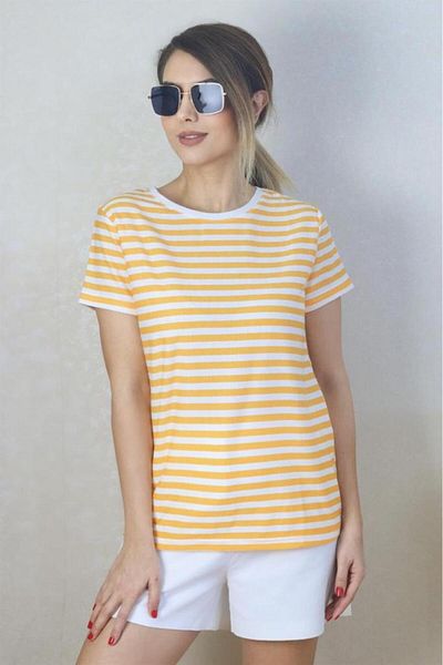 Ritnice Tricou de bază cu dungi alb muștar de damă