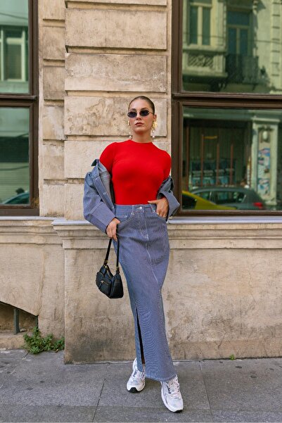 Askı Nişantaşı Navy Blue-Ecru Striped Denim Skirt - Side Slit Detail