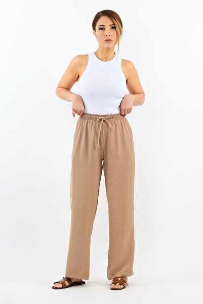 Ritnice Women's Relaxed Beige Elastic Waist Straight Cut Pocket Ayrobin Trousers