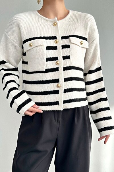 Ritnice Women's Milena Ecru Black Striped Double Pocket Gold Buttoned Cardigan