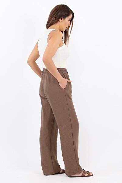 Ritnice Women's Linen Comfy Brown Straight Cut Elastic Waist Trousers