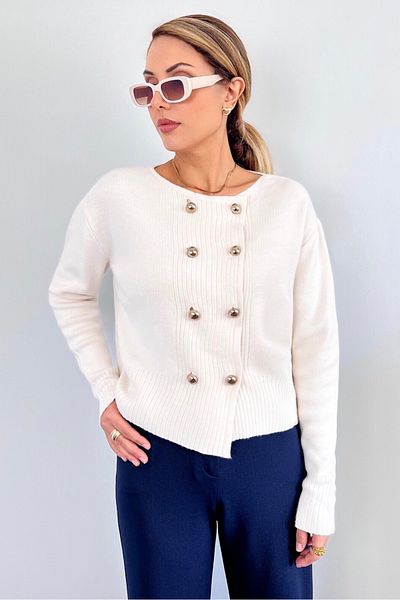 Ritnice Cardigan de damă Sima Gold Metal cu nasturi din tricotaje ecru