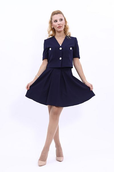 ÖNDER ÖZSOY Short Sleeve Collarless Mini Jacket & Flared Short Skirt Set-navy blue
