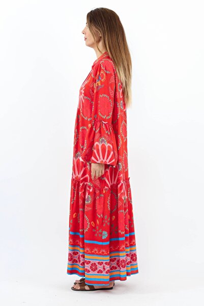 Ritnice Prive Women's Wave Sleeve Flounce 100% Viscose Red Maxi Length Summer Dress